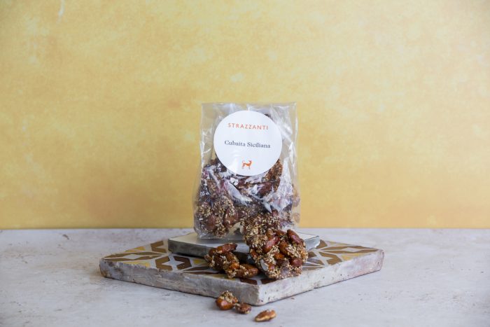 Packaged bag of almond brittle made in London with Sicilian ingredients