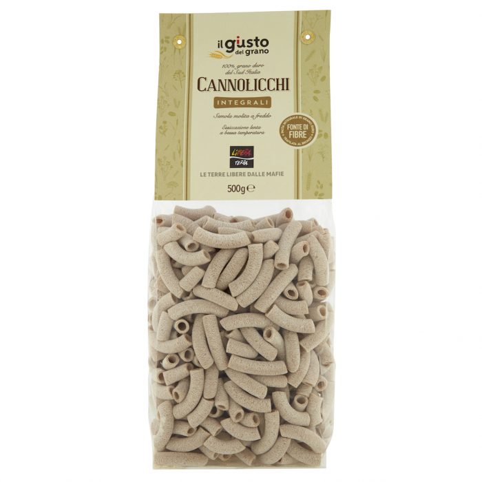 Bag of dried Cannolicchi pasta shaped like razor clams in short bent tubes, 500g bag