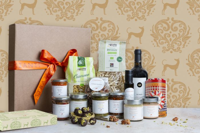 Sicilian gift hamper with coffee, pistachio truffles, olive oil & more, plus option bottle of Syrah.